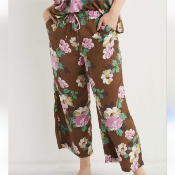 Aerie Wide Leg Cropped Pants Summer Brown Green Floral Womens Size Medium Boho - Picture 7 of 7